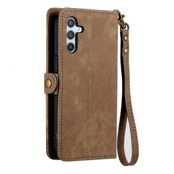 For Samsung Galaxy A50 Geometric Zipper Wallet Side Buckle Leather Phone Case(Brown)