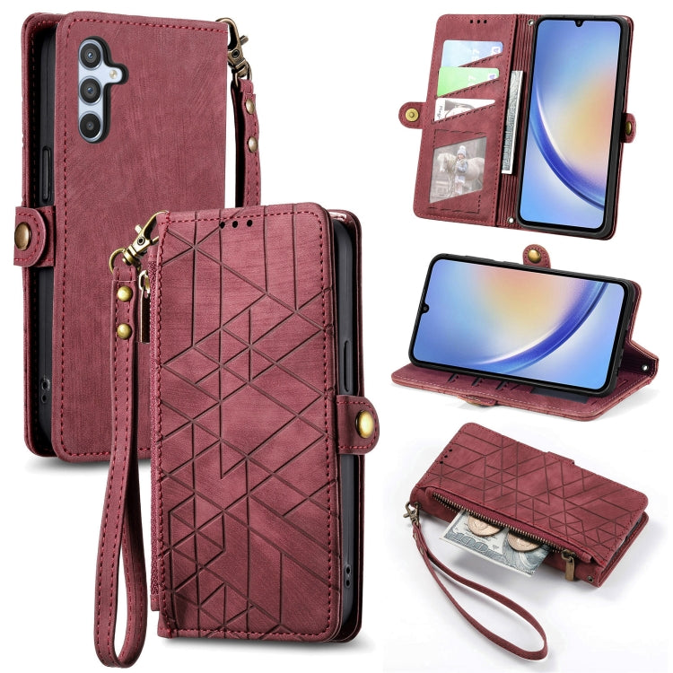 For Samsung Galaxy A12 Geometric Zipper Wallet Side Buckle Leather Phone Case(Red) - free shipping - PMC TechLife - Order now!