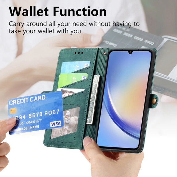 For Samsung Galaxy A71 Geometric Zipper Wallet Side Buckle Leather Phone Case(Green)