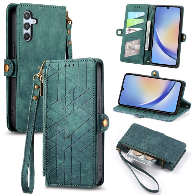 For Samsung Galaxy A21S Geometric Zipper Wallet Side Buckle Leather Phone Case(Green)