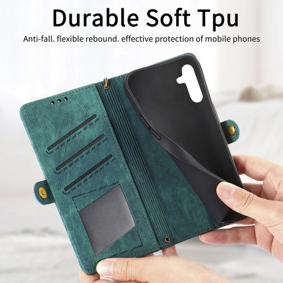 For Samsung Galaxy A21S Geometric Zipper Wallet Side Buckle Leather Phone Case(Green)