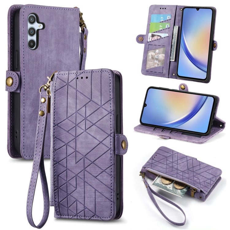 For Samsung Galaxy A21S Geometric Zipper Wallet Side Buckle Leather Phone Case(Purple)
