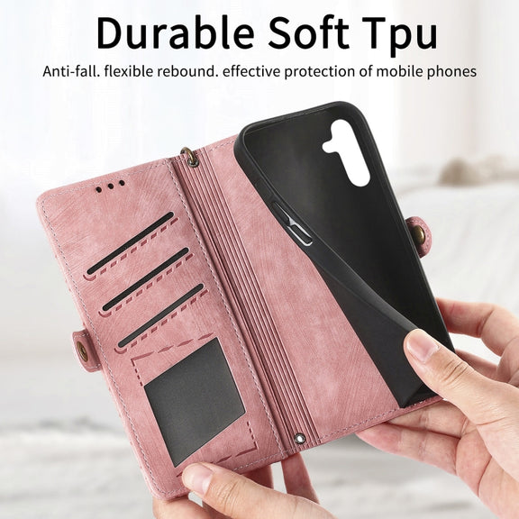For Samsung Galaxy A32 4G Geometric Zipper Wallet Side Buckle Leather Phone Case(Pink)
