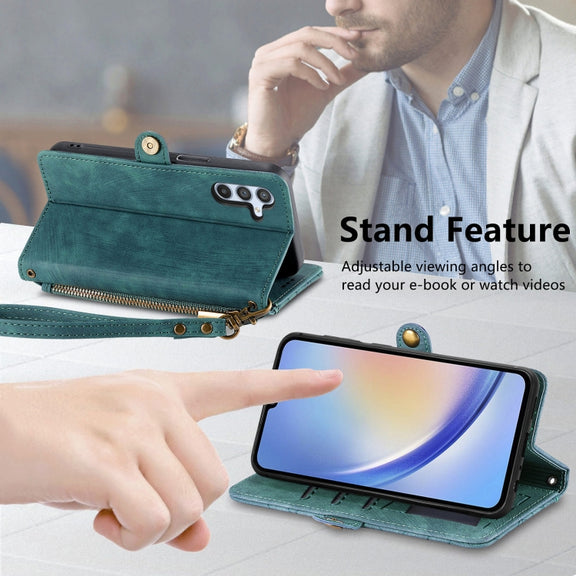 For Samsung Galaxy A32 4G Geometric Zipper Wallet Side Buckle Leather Phone Case(Green)