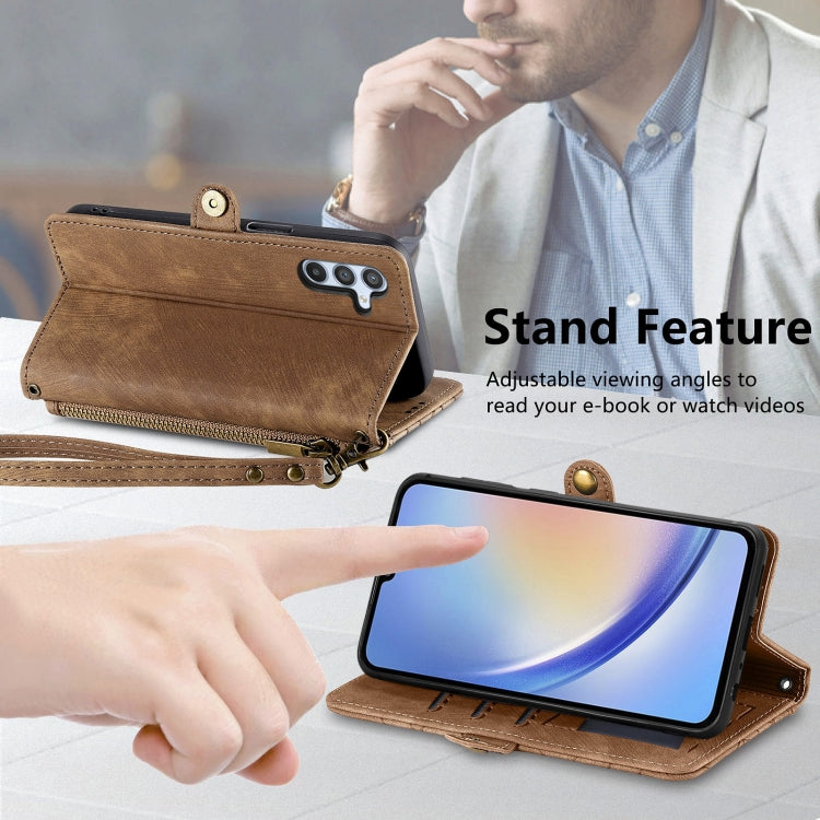 For Samsung Galaxy A32 5G Geometric Zipper Wallet Side Buckle Leather Phone Case(Brown) - free shipping - PMC TechLife - Order now!