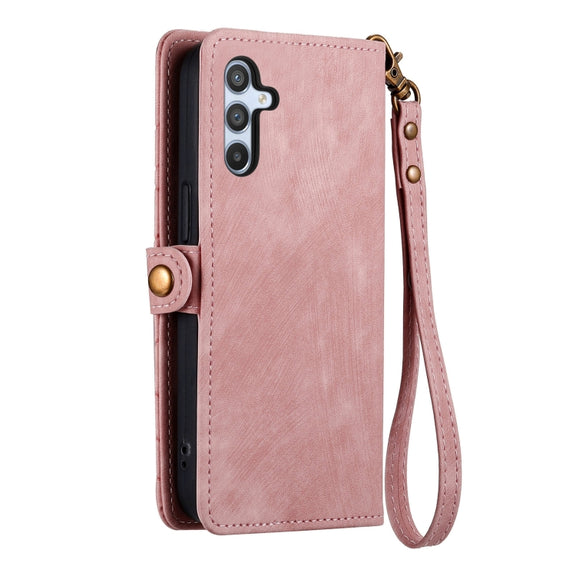 For Samsung Galaxy A13 5G Geometric Zipper Wallet Side Buckle Leather Phone Case(Pink)