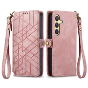 For Samsung Galaxy S25 5G Geometric Zipper Wallet Side Buckle Leather Phone Case(Pink)
