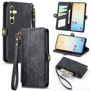 For Samsung Galaxy S25 5G Geometric Zipper Wallet Side Buckle Leather Phone Case(Black)