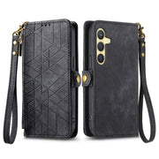 For Samsung Galaxy S25 5G Geometric Zipper Wallet Side Buckle Leather Phone Case(Black)