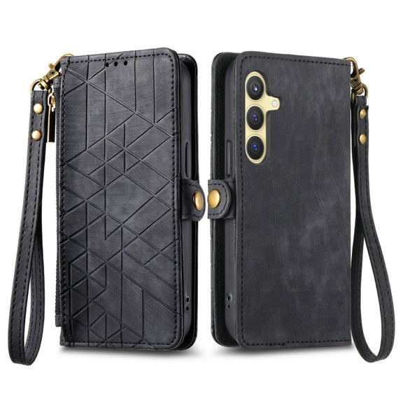 For Samsung Galaxy S25 5G Geometric Zipper Wallet Side Buckle Leather Phone Case(Black)