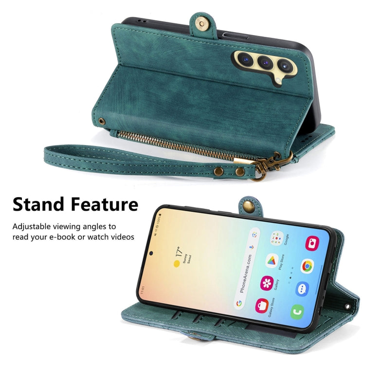 For Samsung Galaxy S25+ 5G Geometric Zipper Wallet Side Buckle Leather Phone Case(Green)
