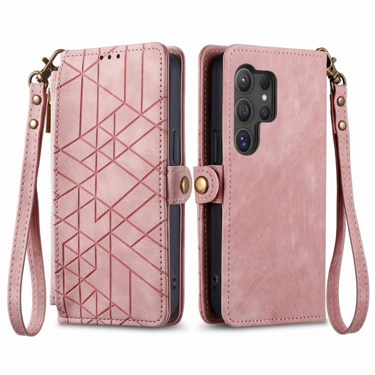 For Samsung Galaxy S25 Ultra 5G Geometric Zipper Wallet Side Buckle Leather Phone Case(Pink) - Galaxy S25 Ultra 5G Cases by PMC Jewellery | Online Shopping South Africa | PMC Jewellery | Buy Now Pay Later Mobicred