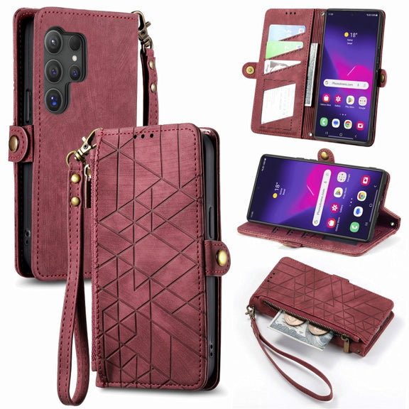 For Samsung Galaxy S25 Ultra 5G Geometric Zipper Wallet Side Buckle Leather Phone Case(Red)