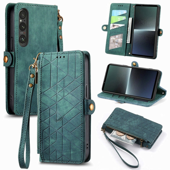 For Sony Xperia 10 III Geometric Zipper Wallet Side Buckle Leather Phone Case(Green)