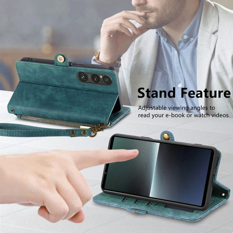 For Sony Xperia 10 III Geometric Zipper Wallet Side Buckle Leather Phone Case(Green)