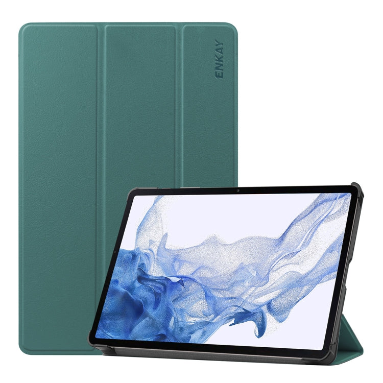 For Samsung Galaxy Tab S9 ENKAY Tri-fold Custer Texture Leather Smart Tablet Case(Dark Green) - free shipping - PMC Jewellery - Order now!