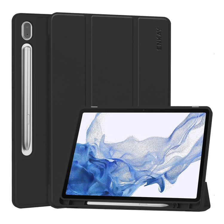 For Samsung Galaxy Tab S9 ENKAY Tri-fold Custer Leather TPU Bottom Smart Case with Pen Slot(Black) - free shipping - PMC Jewellery - Order now!
