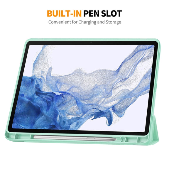 For Samsung Galaxy Tab S9 ENKAY Tri-fold Custer Leather TPU Bottom Smart Case with Pen Slot(Purple)