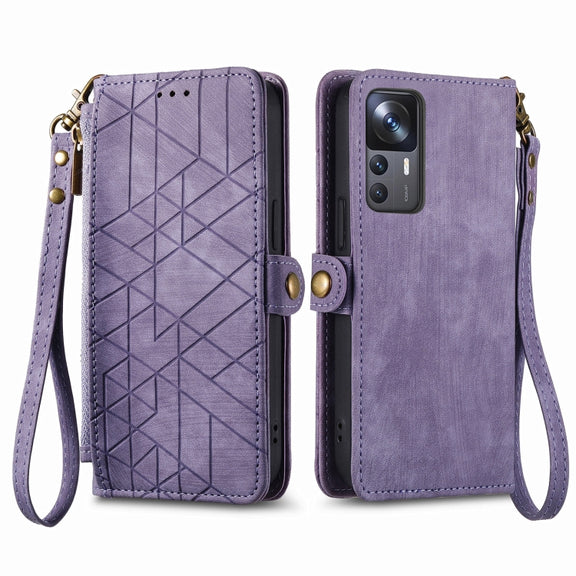 For Xiaomi 13 Geometric Zipper Wallet Side Buckle Leather Phone Case(Purple)