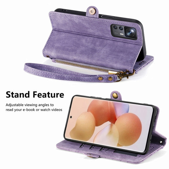 For Xiaomi 13 Geometric Zipper Wallet Side Buckle Leather Phone Case(Purple)