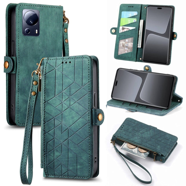 For Xiaomi 13 Lite Geometric Zipper Wallet Side Buckle Leather Phone Case(Green) - free shipping - PMC TechLife - Order now!
