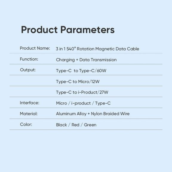 ENKAY PD60W Type-C to Type-C / 8 Pin / Micro USB Magnetic 540 Degrees Rotating Fast Charging Cable, Length:1m(Black)