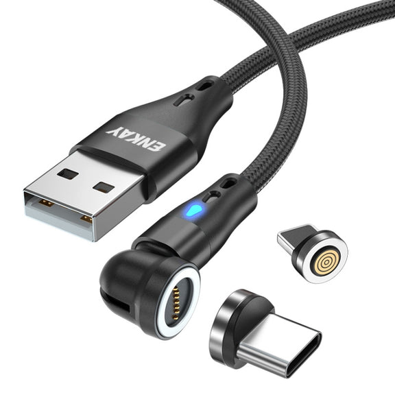 ENKAY 3A USB to Type-C / 8 Pin Magnetic 540 Degrees Rotating Fast Charging Cable, Length:2m(Black)