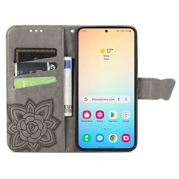 For Samsung Galaxy S24+ 5G Butterfly Love Flower Embossed Leather Phone Case(Gray)
