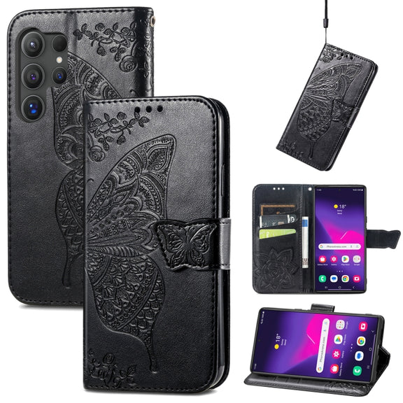 For Samsung Galaxy S24 Ultra 5G Butterfly Love Flower Embossed Leather Phone Case(Black)
