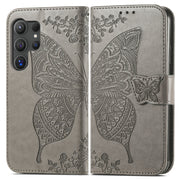 For Samsung Galaxy S24 Ultra 5G Butterfly Love Flower Embossed Leather Phone Case(Gray)
