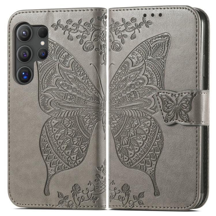 For Samsung Galaxy S24 Ultra 5G Butterfly Love Flower Embossed Leather Phone Case(Gray)