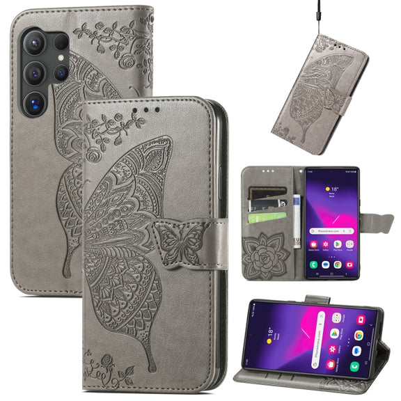 For Samsung Galaxy S24 Ultra 5G Butterfly Love Flower Embossed Leather Phone Case(Gray)