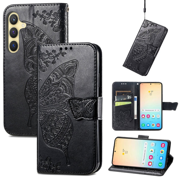 For Samsung Galaxy S25 5G Butterfly Love Flower Embossed Leather Phone Case(Black)