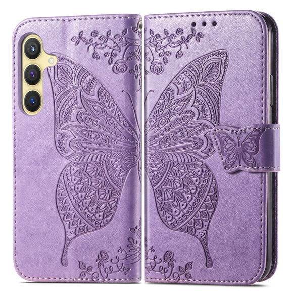 For Samsung Galaxy S25+ 5G Butterfly Love Flower Embossed Leather Phone Case(Light Purple)