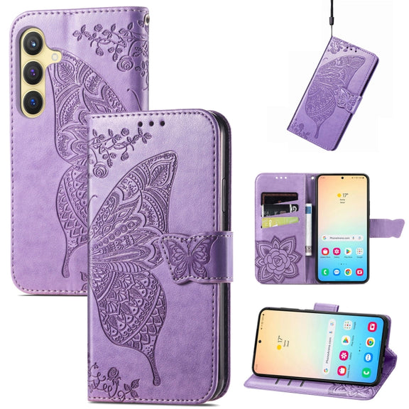 For Samsung Galaxy S25+ 5G Butterfly Love Flower Embossed Leather Phone Case(Light Purple)