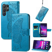 For Samsung Galaxy S25 Ultra 5G Butterfly Love Flower Embossed Leather Phone Case(Blue)