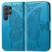 For Samsung Galaxy S25 Ultra 5G Butterfly Love Flower Embossed Leather Phone Case(Blue)