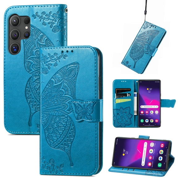 For Samsung Galaxy S25 Ultra 5G Butterfly Love Flower Embossed Leather Phone Case(Blue)