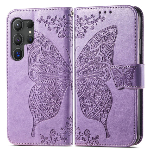 For Samsung Galaxy S25 Ultra 5G Butterfly Love Flower Embossed Leather Phone Case(Light Purple)