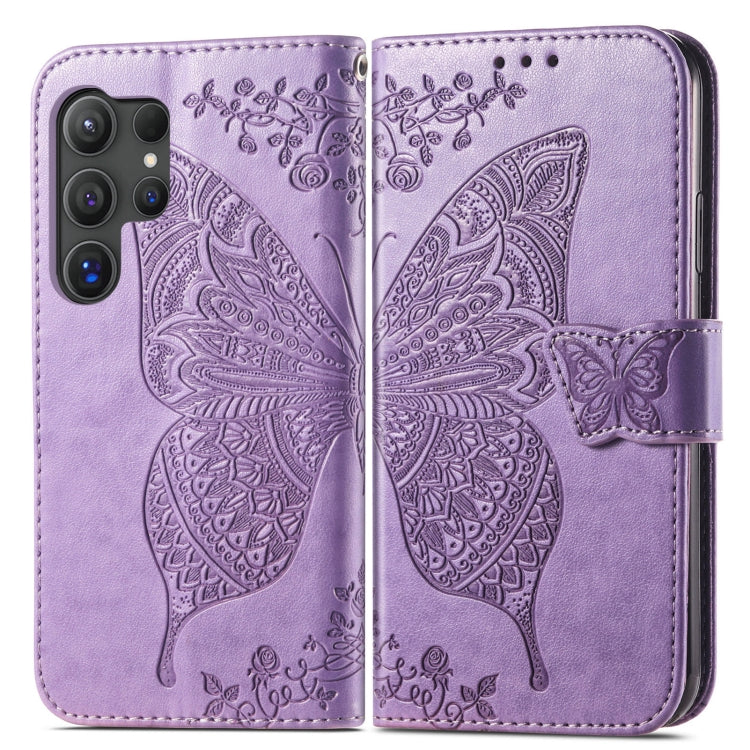 For Samsung Galaxy S25 Ultra 5G Butterfly Love Flower Embossed Leather Phone Case(Light Purple)