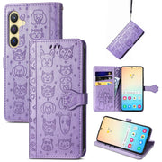 For Samsung Galaxy S25 5G Cat and Dog Embossed Leather Phone Case(Purple)