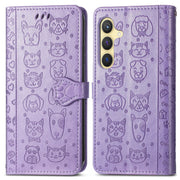 For Samsung Galaxy S25 5G Cat and Dog Embossed Leather Phone Case(Purple)