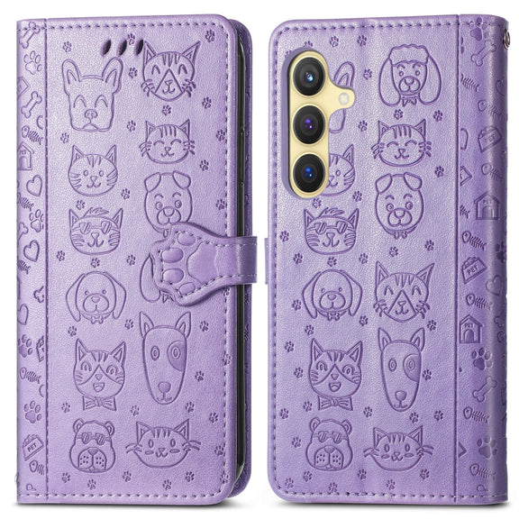 For Samsung Galaxy S25 5G Cat and Dog Embossed Leather Phone Case(Purple)