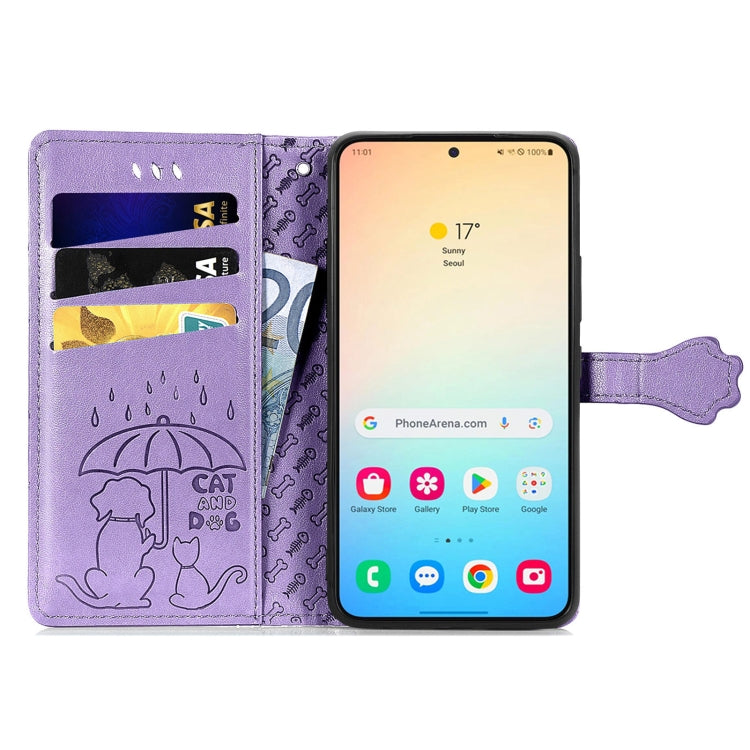 For Samsung Galaxy S25 5G Cat and Dog Embossed Leather Phone Case(Purple)