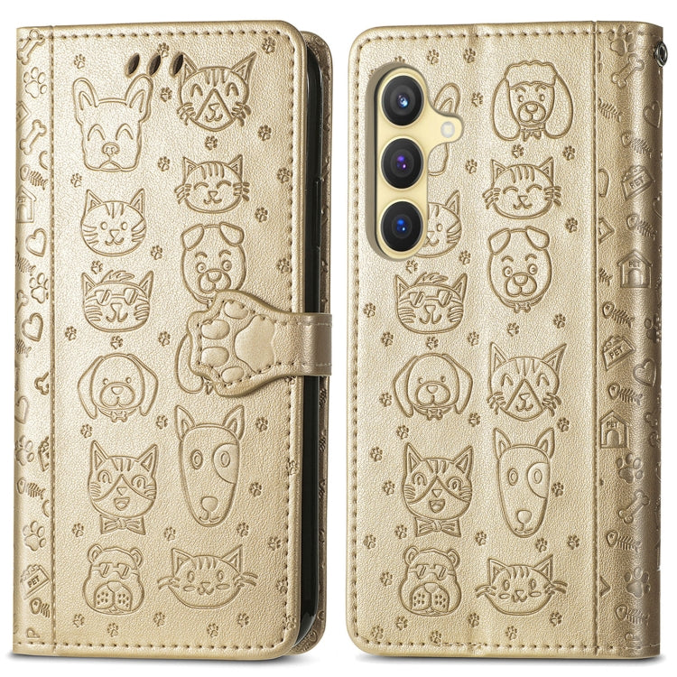 For Samsung Galaxy S25 5G Cat and Dog Embossed Leather Phone Case(Gold) - Galaxy S25 5G Cases by PMC Jewellery | Online Shopping South Africa | PMC Jewellery | Buy Now Pay Later Mobicred