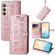 For Samsung Galaxy S25 5G Cat and Dog Embossed Leather Phone Case(Rose Gold)