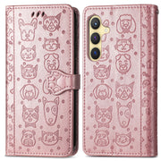 For Samsung Galaxy S25 5G Cat and Dog Embossed Leather Phone Case(Rose Gold)