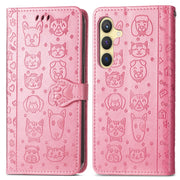 For Samsung Galaxy S25 5G Cat and Dog Embossed Leather Phone Case(Pink)