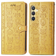 For Samsung Galaxy S25+ 5G Cat and Dog Embossed Leather Phone Case(Yellow)