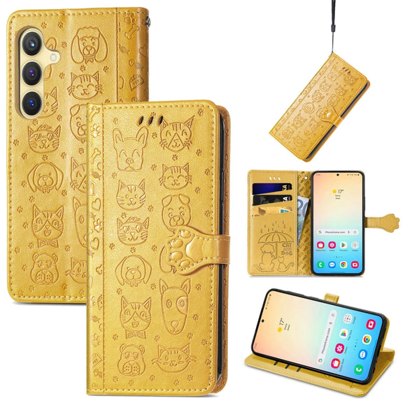 For Samsung Galaxy S25+ 5G Cat and Dog Embossed Leather Phone Case(Yellow)